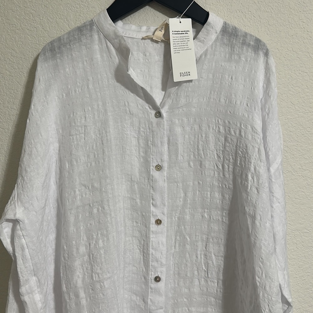 NWT EILEEN FISHER Linen Cotton Sheer Check Mandarin Collar Shirt - Picture 8 of 10
